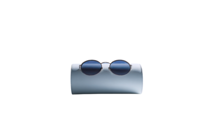 Sunglasses resting on a sleek case, dark background, for online store