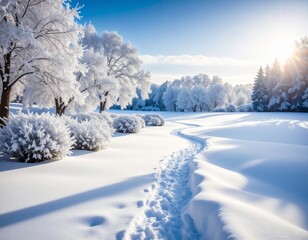 Fototapeta premium Zimowy krajobraz ze ścieżką wydeptaną w świeżym śniegu i oszronionymi gałązkami drzew