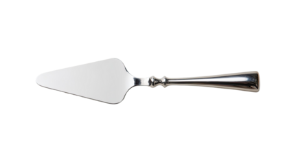 A  silver-toned cake server,  triangular blade,  decorative handle