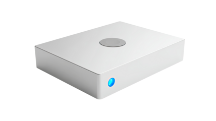 A white rectangular box, likely a device, with a circular, light gray top and a small, light blue button