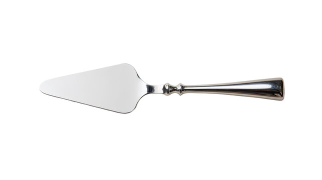 A  silver-toned cake server,  triangular blade,  decorative handle