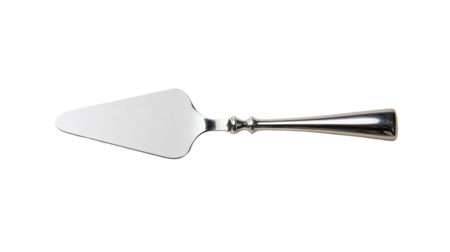 A  silver-toned cake server,  triangular blade,  decorative handle
