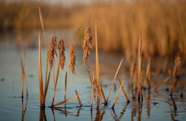 Golden wild rice stems grow in calm marshland waters, reflecting soft light. Closeup on brown seed heads and dry grass blades. Peaceful wetland botany, Asian agriculture harvest scene.