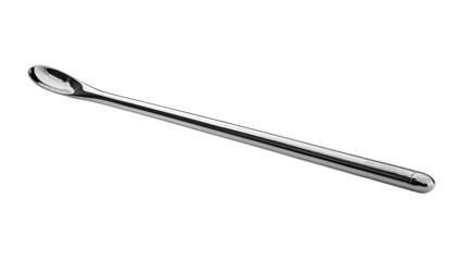 A long, slender, polished metal spoon.  The spoon has a bowl shape at one end, and a rounded, thicker handle