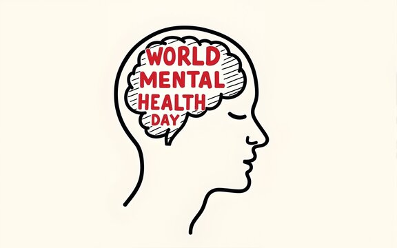 World Mental Health Day vector art with an illustrated line drawing human head and brain with the event title. For mental health awareness campaigns. High quality