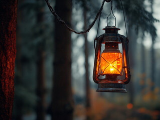 Rustic Lantern Glowing Warmly in Evening Forest
