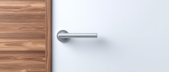 Modern minimalist room interior with open door handle on white wall and wooden panel background, contemporary design aesthetic