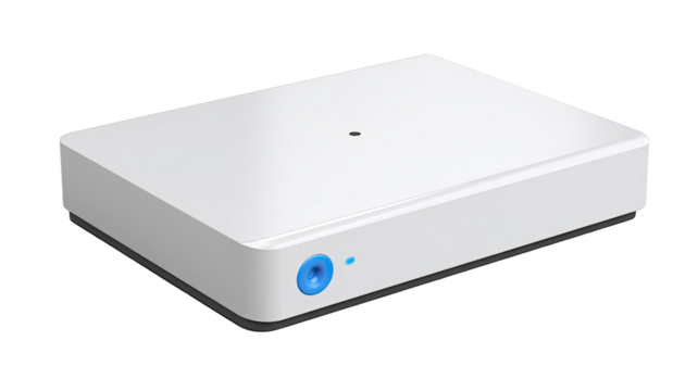 White rectangular box, slightly angled, with light blue accents.  Flat top and bottom.  Small, round light-blue dot on front, possibly indicator.  Simple, modern design