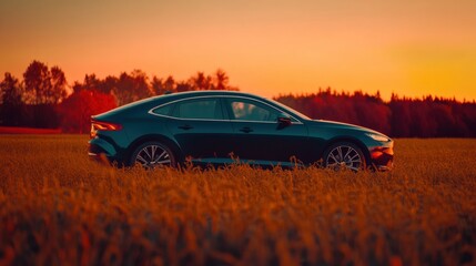 Fototapeta premium Elegant car parked in a golden field at sunset during the evening hours
