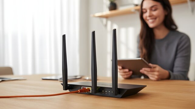 Selective focus at router. Internet router on working table with blurred happy woman using tablet at the background. Fast and high speed internet connection from fiber line with LAN cable connection.