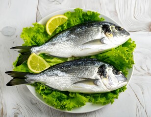 Two fresh fish on a plate with lettuce and lemon slices