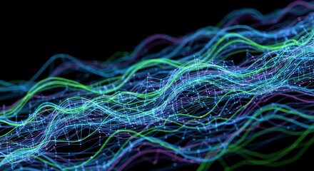 Luminous undulating lines in blue green and purple interlaced with a glowing network of dots and fine lines on a black background