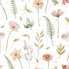 Watercolor seamless Floral Pattern with blossoms, leaves, and meadow plants in pastel colors. Illustration of backdrop for fabric prints, decorative stationery or textile design. Art for wallpaper