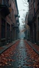 Fototapeta premium Dark, gloomy city alley lined with old brick buildings during autumn. Cobblestone pavement covered with fallen leaves. Overcast sky adds to atmospheric mood. Narrow street perspective highlights,
