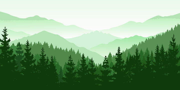 Serene green mountain landscape with layers of pine trees and distant hazy peaks