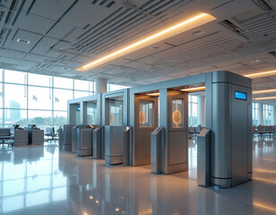 Modern airport security checkpoint with sleek, innovative design. Features automated gates, minimalist interiors, bright orange, white accents. Efficient passenger flow, advanced technology enhance