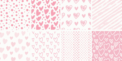 Collection of eight seamless pink heart and polka dot patterns for valentine s day or romantic themes