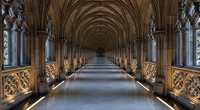 Grand gothic archway corridor, leading to a distant vanishing point, creating a sense of timeless elegance and mystery.