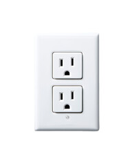 A white electrical outlet with two receptacles.  The outlet is mounted in a standard wall plate