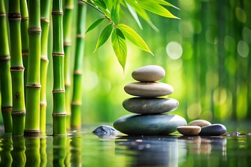 Zen garden composition with bamboo and stacked stones in peaceful setting