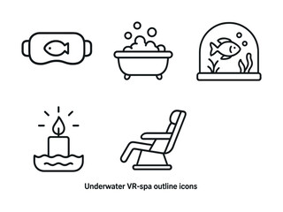 Underwater vr spa outline icons: fish tank, relaxation chair, candle, bathtub