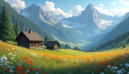 Obraz premium Rustic wooden houses sit in vibrant wildflower meadow with majestic mountains in background. Serene landscape captures summer beauty with colorful flowers, rich greenery, offering peaceful rural