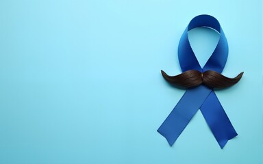 Symbol for support men. Top view on blue Ribbon with mustache for supporting people living and illness. Healthcare, International men, Father and World cancer day concept. Flat lay, copy space