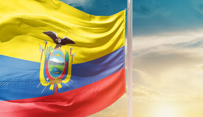 Ecuador national flag waving in an amazing sunlight. National flag wavering on mast.