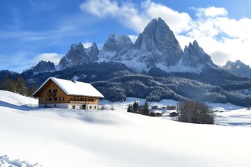 SnowCovered Mountain Cabin with Dramatic Peaks, Alpine Scenery in Winter Light
