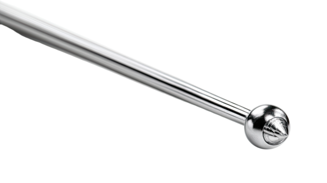 Close-up of a polished chrome rod, ending in a rounded ball-shaped finial with small studs