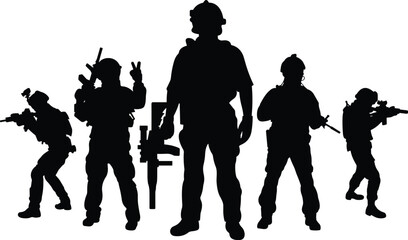 Military silhouette, soldier pose, armed forces icon, tactical stance, combat gear, black vector, defense, weapon, teamwork, readiness