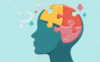 Puzzle Piece Human Head Symbolizing Mental Health Challenges and the Search for by for World Mental Health Day Awareness. High quality