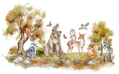 Watercolor Forest animals including bear, deer, fox, raccoon, hare, birds, and woodland autumn flora. Illustration with fall landscapes for childish banner or nursery poster. Drawing for baby shower