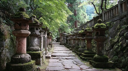 A quiet temple path lined with ancient stone lanterns
