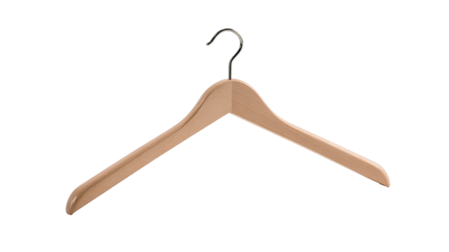 Light beige wooden coat hanger with a metal hook