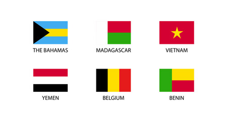 Flags of the bahamas, madagascar, vietnam, yemen, belgium, and benin