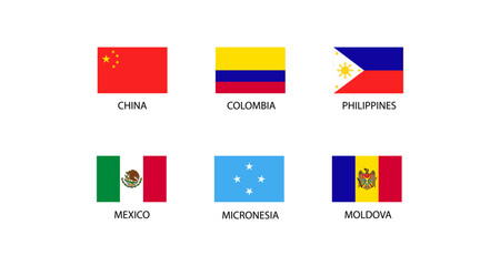 Collection of national flags from china, colombia, philippines, mexico, micronesia, moldova