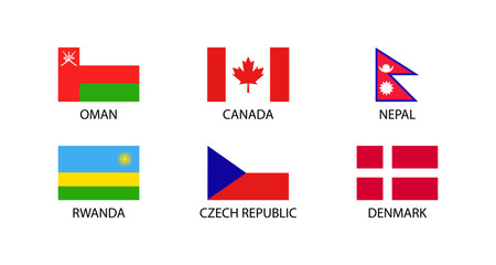 National flags of oman, canada, nepal, rwanda, czech republic, and denmark - bright and colorful