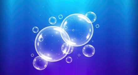 Multiple translucent spheres with bright reflections on a blue and purple gradient background featuring subtle illuminated digital lines and scattered specks