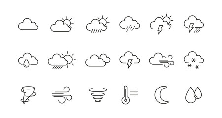 Obraz premium Minimalist weather icons set featuring clouds, sun, rain, and wind symbols