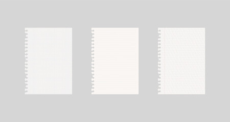 Set of torn notebook papers with grid, lined, and dot patterns on gray background