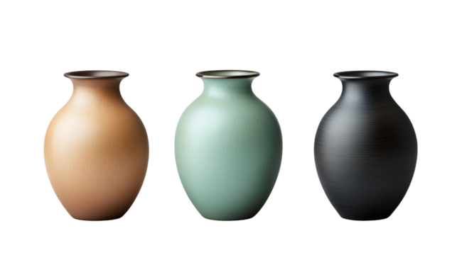 Elegant Trio of Ceramic Vases: A refined arrangement of three artful, ceramic vases, each exhibiting a unique hue. Their polished surfaces and sleek forms provide a contemporary charm.