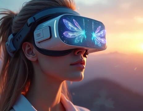 Woman experiences futuristic virtual reality immersion with glowing dragonfly graphics. Digital nature landscape viewed through VR glasses at sunset, creating a dreamy, surreal escape.