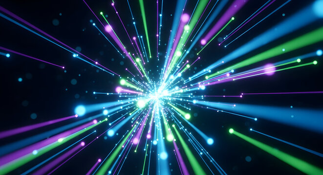 Abstract burst of glowing colorful particles radiating outwards from a bright central light source on a dark background, digital art
