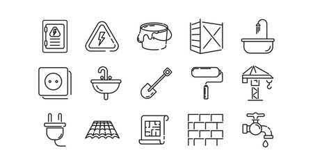 Fototapeta premium Construction and home maintenance icon set in minimalist linear design