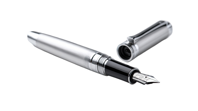 Sleek, metallic fountain pen, open cap