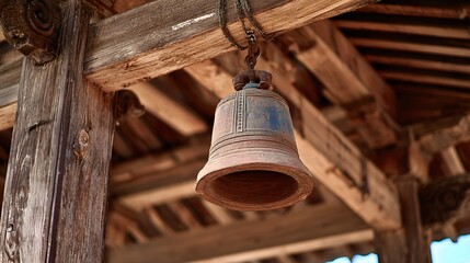 Obraz premium A temple bell hanging under a wooden roof