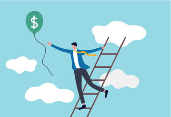 Ladder of success, achieving financial goals or investor searching for profit and investment return concept, success businessman climb up the ladder up to cloud to catching balloon with dollar money.