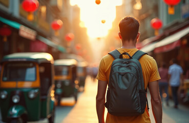 Man with backpack walks through vibrant Asian street at daytime. Tuk-tuks, market stalls line road, with red lanterns adding to atmosphere. Sun casts warm glow, creating sense of adventure,