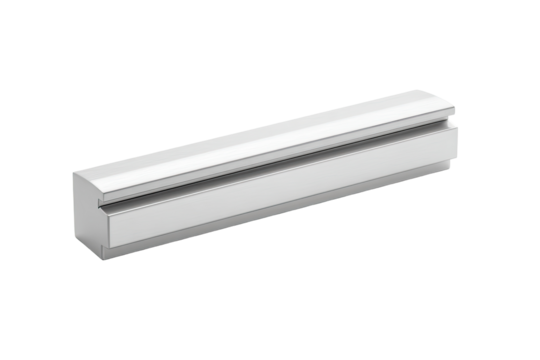White metal linear guide component, isolated, 3D render, industrial background, machinery part